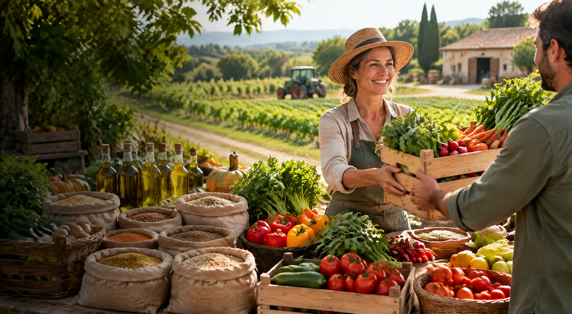 Productrice E-Agro Bio remettant une cagette de légumes biologiques à un acheteur