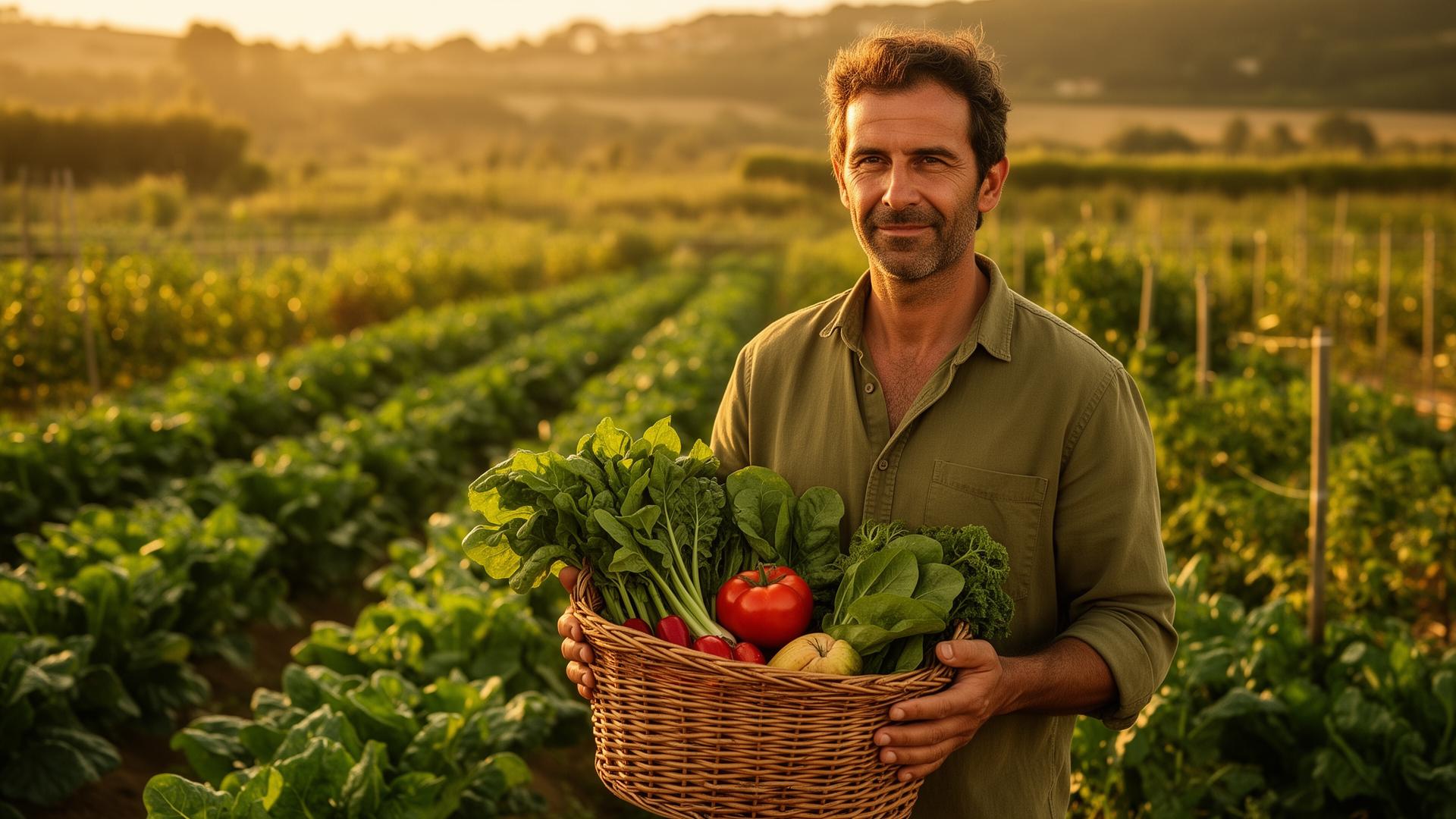 Maraîcher bio français présentant un panier de légumes fraîchement récoltés dans son jardin au coucher du soleil